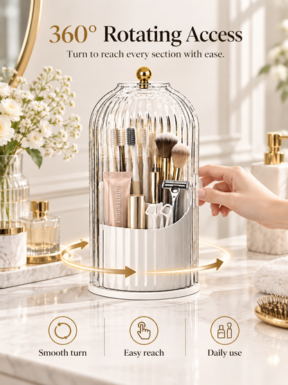 💄 360° Rotating Makeup Brush Organizer – Dustproof Covered Cosmetic Storage Holder