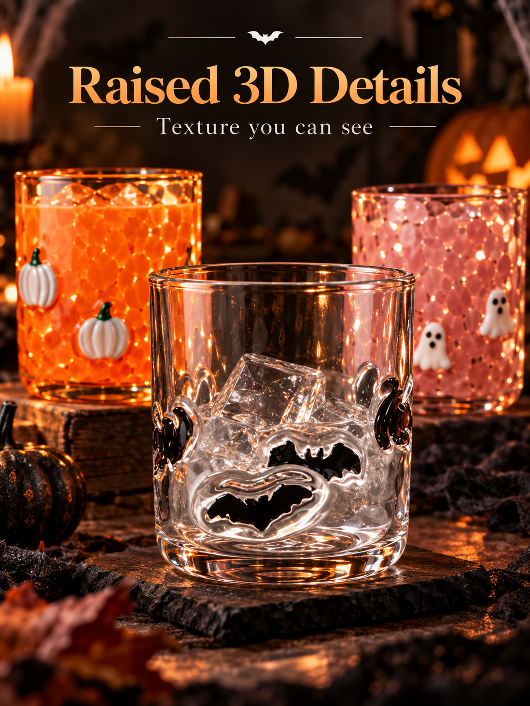 🎃 Festive 3D Appliqué Glass Tumbler – Halloween & Christmas Holiday Drinkware