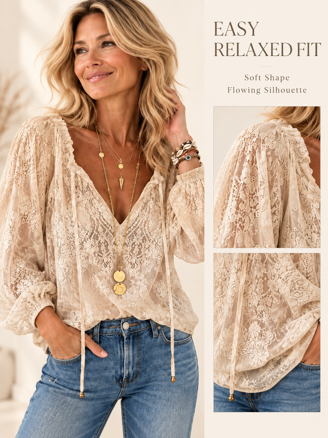 🌷Elegant Lace Drawstring Blouse – Feminine V-Neck & Relaxed Fit