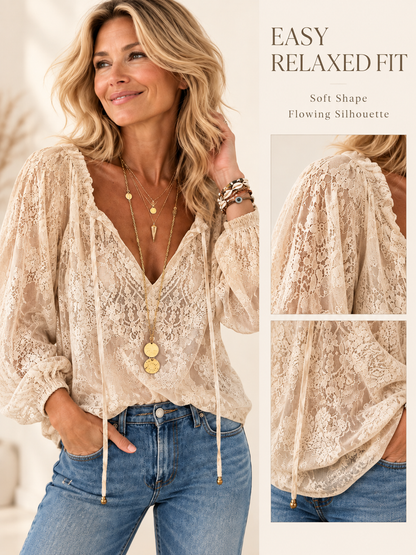 🌷Elegant Lace Drawstring Blouse – Feminine V-Neck & Relaxed Fit