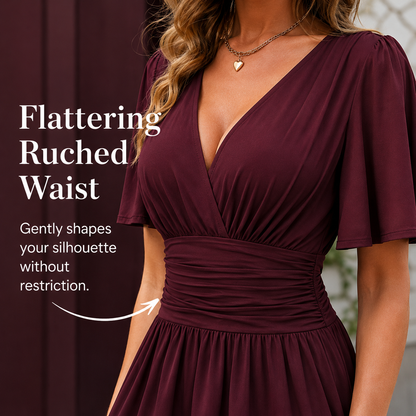 Women's Elegant Ruched Mid-Rise Dress - Flattering V-Neck Knit Midi Dress
