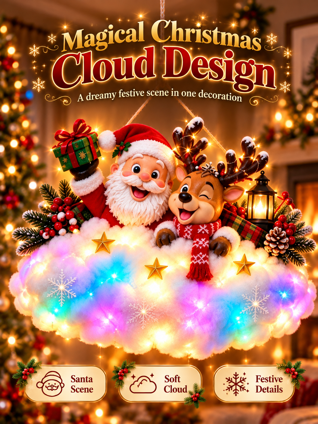🎄 Angelic Christmas Cloud Light – Magical Santa & Reindeer Hanging Holiday Decoration
