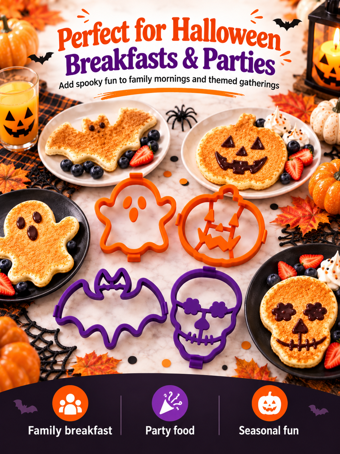 🎃 4-Piece Halloween Pancake Mold Set – Ghost, Pumpkin, Bat & Skull Silicone Shapers