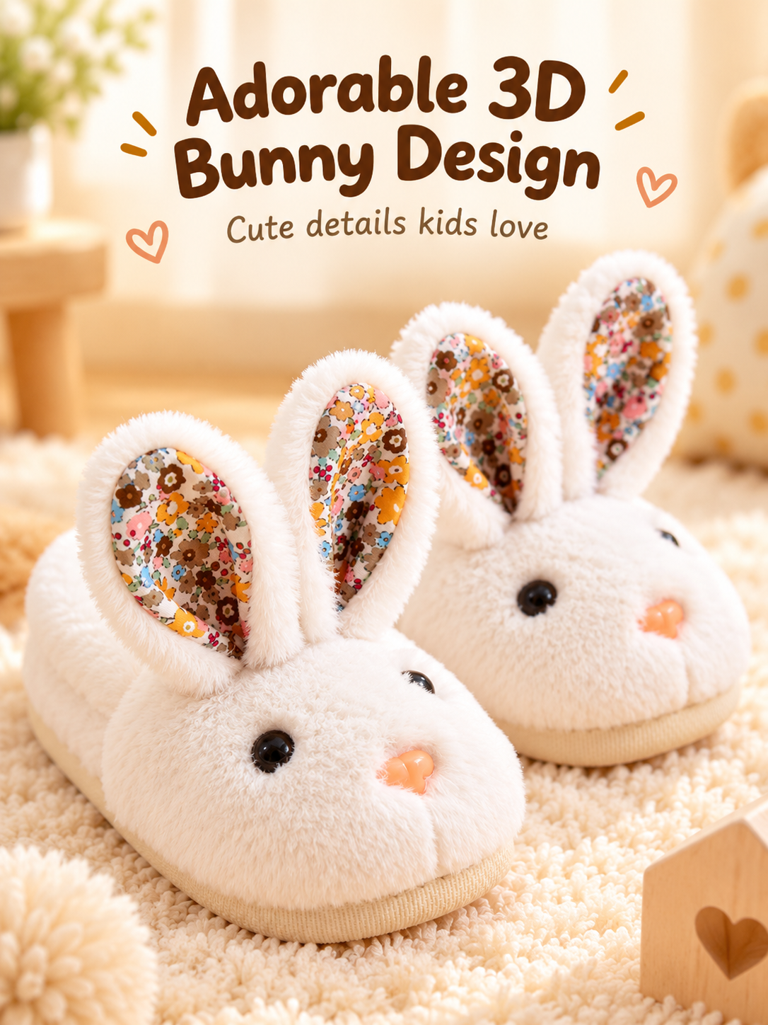 🐰 Cozy 3D Bunny Plush Slippers for Kids – Soft Warm Indoor House Shoes