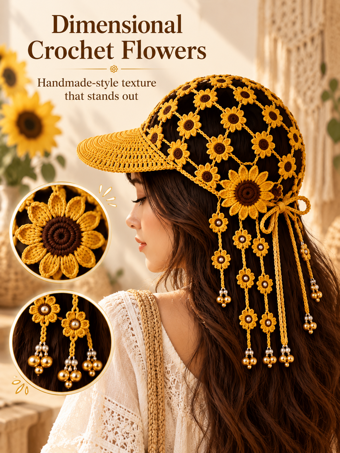 🌻 Handmade-Style Crochet Sunflower Boho Cap – Open-Knit Floral Tassel Baseball Hat
