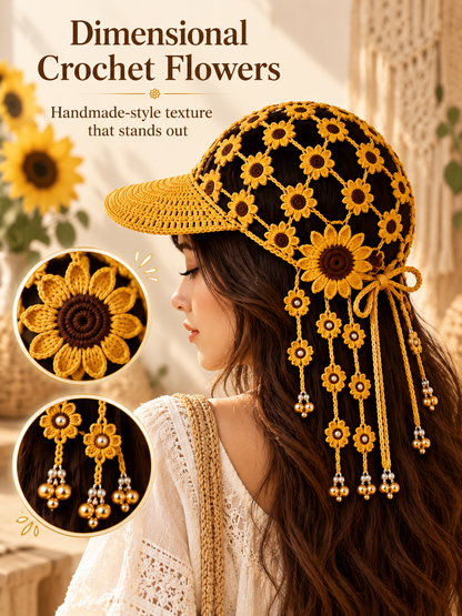 🌻 Handmade-Style Crochet Sunflower Boho Cap – Open-Knit Floral Tassel Baseball Hat