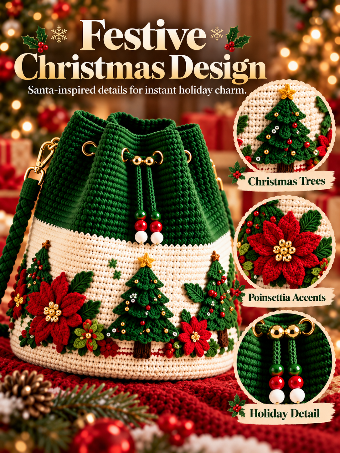 🎄 Christmas Crochet-Style Bucket Bag — Festive Charm for Every Outfit & a Thoughtful Gift for Her 🎁