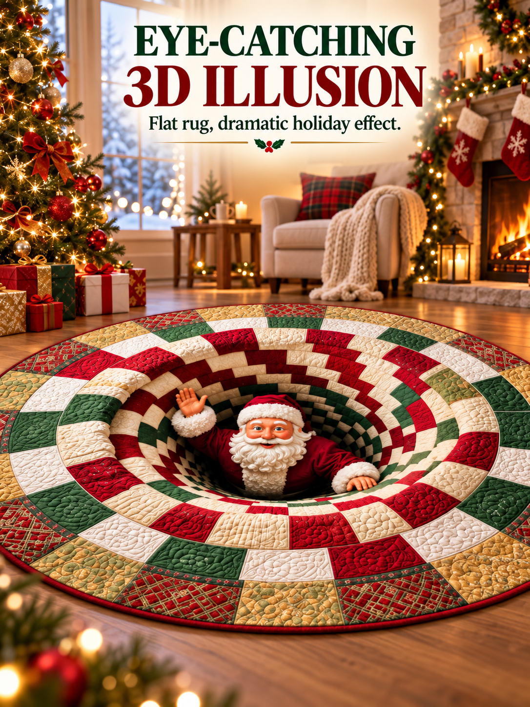 🎄 3D Christmas Optical Illusion Round Rug – Festive Crystal Velvet Holiday Floor Mat