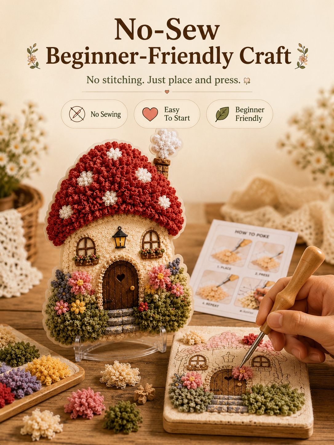 🔥Last Day 48% OFF - ✨🧘Relaxing & Beginner-Friendly-✨Whimsical Village 3D Fabric Poke Art Kit