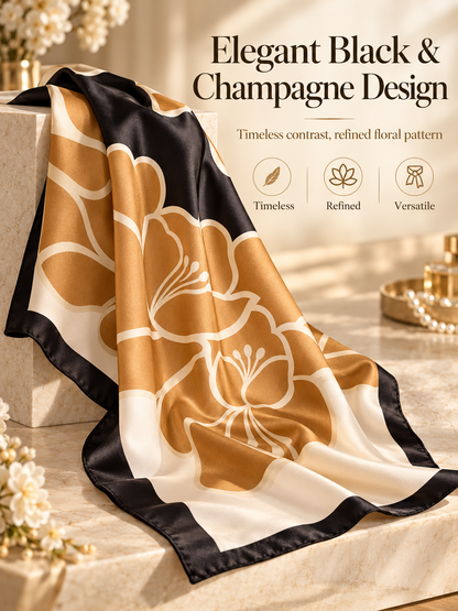 ✨ Satin Square Neck Scarf – Elegant Black & Champagne Fashion Accessory