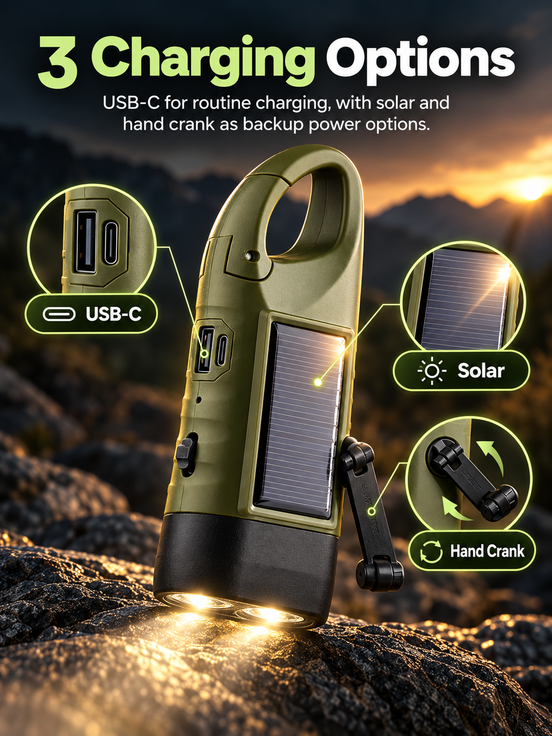 🔦 5-in-1 Emergency Hand-Crank Flashlight – Solar & Dynamo Rechargeable Outdoor Light