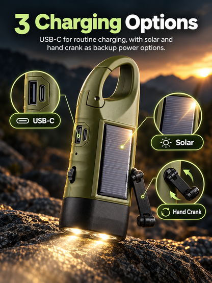 🔦 5-in-1 Emergency Hand-Crank Flashlight – Solar & Dynamo Rechargeable Outdoor Light