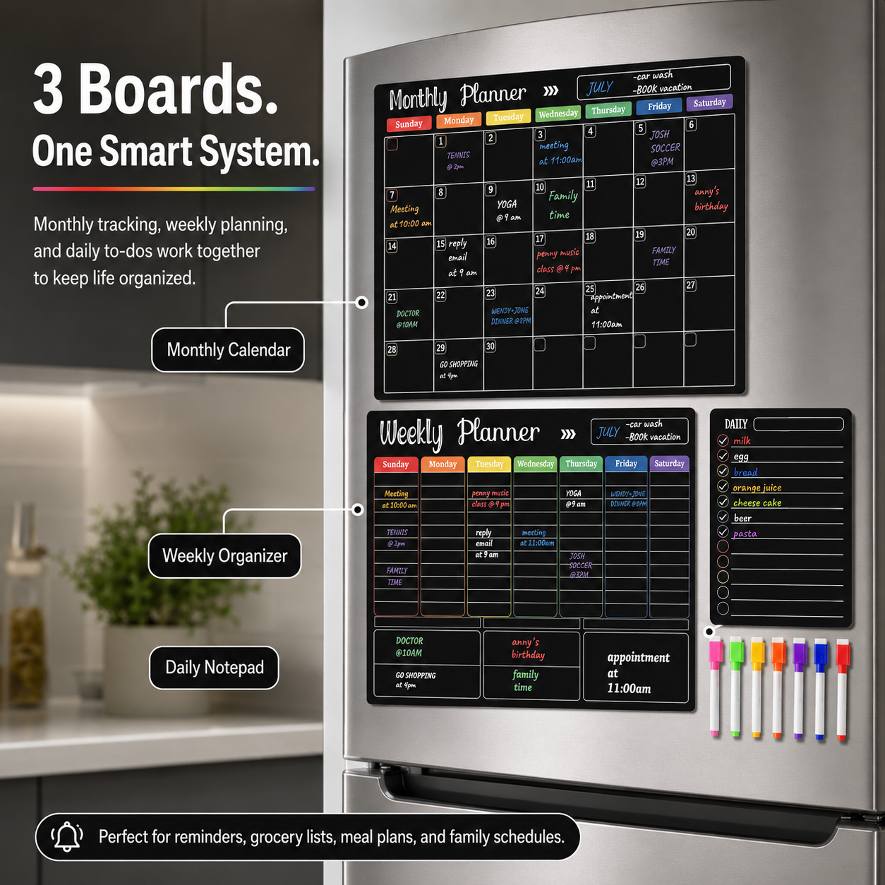 📅 Black Magnetic Dry Erase Boards Set of 3 | Ultimate Fridge Organizer & Planner ✨