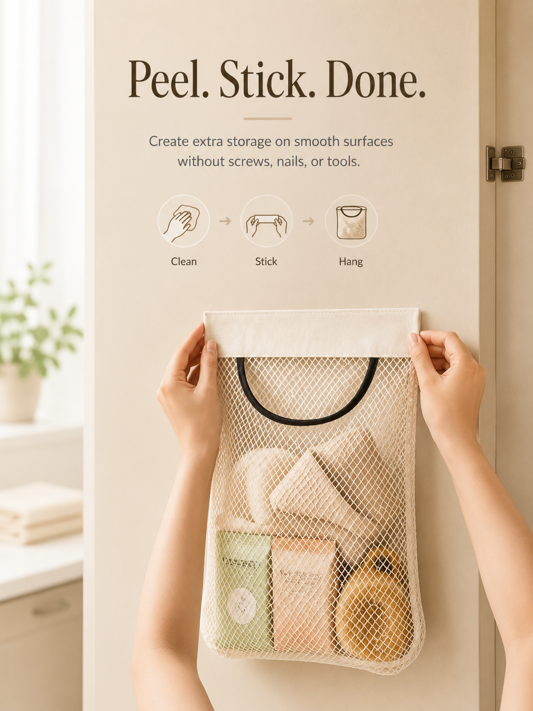 🧺 No-Drill Hanging Mesh Organizer – Self-Adhesive Space-Saving Storage Pouch