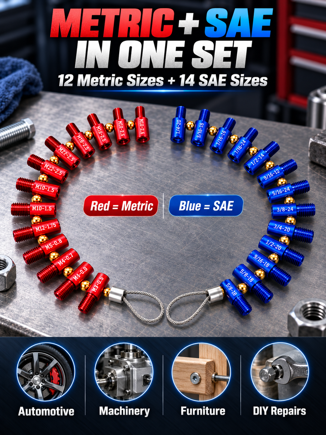 🔩 26-Piece Nut & Bolt Thread Gauge – Metric & SAE Size Checker