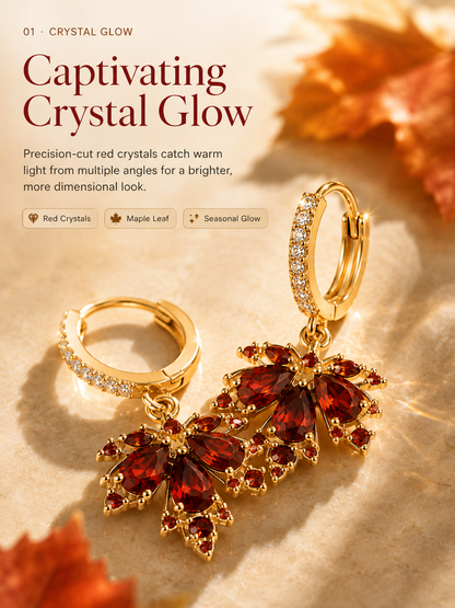 🍁 Autumn Glow: Crystal Maple Leaf Drop Earrings in Gold Finish