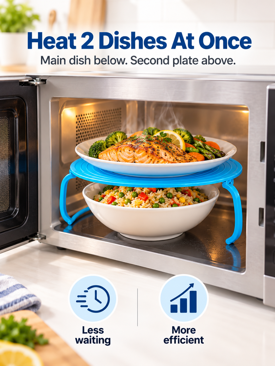 🍽️ Foldable 2-Tier Microwave Plate Stacker – Space-Saving Heating Rack with Side Handles