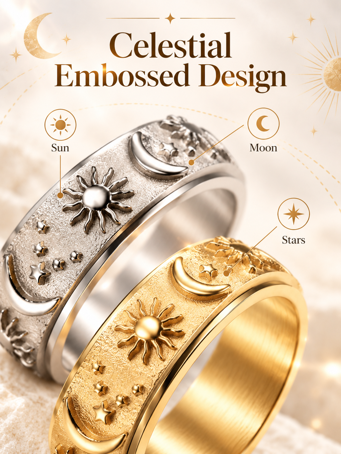💍Sun‑Moon‑Star Embossed Rotating Spinner Ring Collection