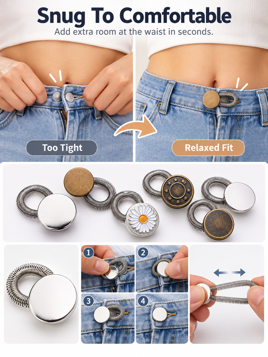 👖 Stretch Waistband Extender – No-Sew Flexible Button for Jeans & Pants