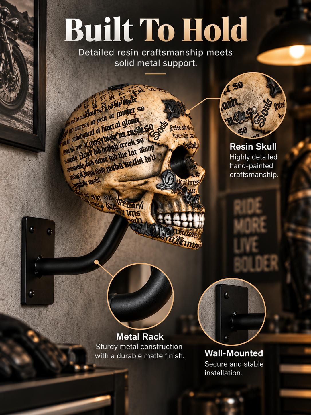 💀 Motorcycle Skull Helmet Holder – Garage Display Wall Mount