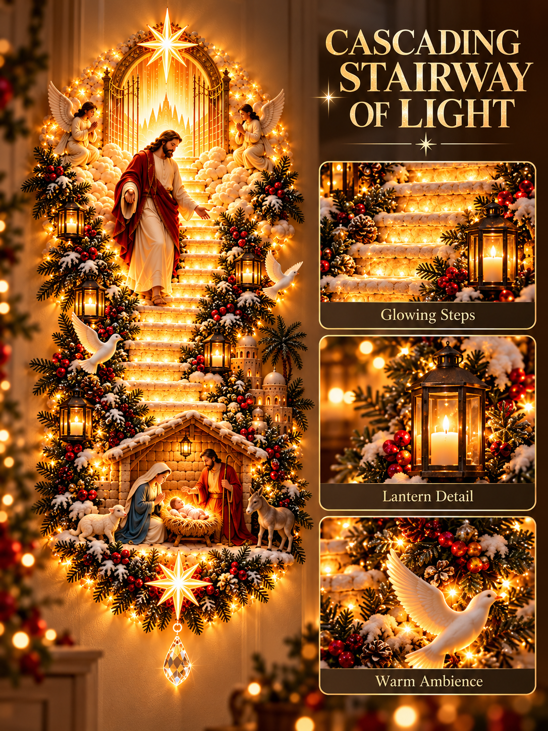 ✨ Jesus Light of Heaven Christmas Wall Hanging | Illuminated Nativity Stairway Decor ✝️