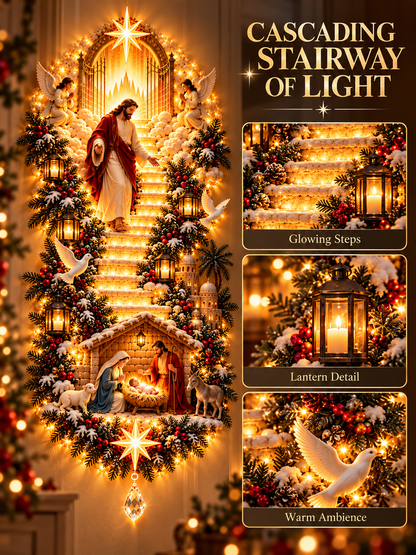 ✨ Jesus Light of Heaven Christmas Wall Hanging | Illuminated Nativity Stairway Decor ✝️