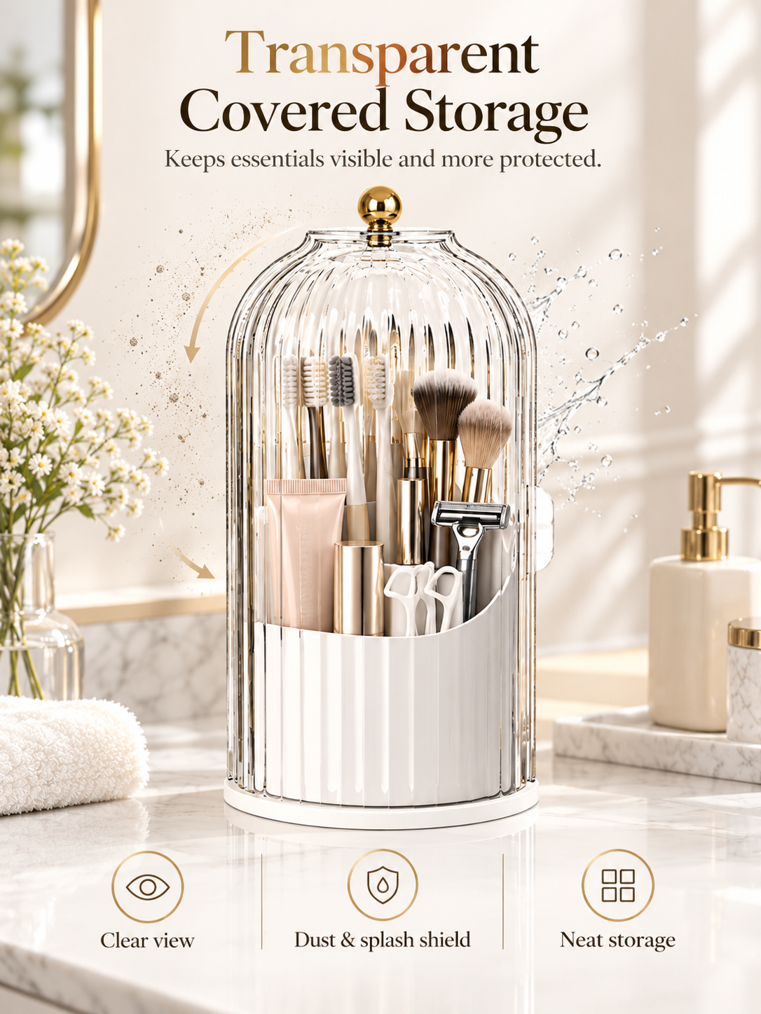 💄 360° Rotating Makeup Brush Organizer – Dustproof Covered Cosmetic Storage Holder