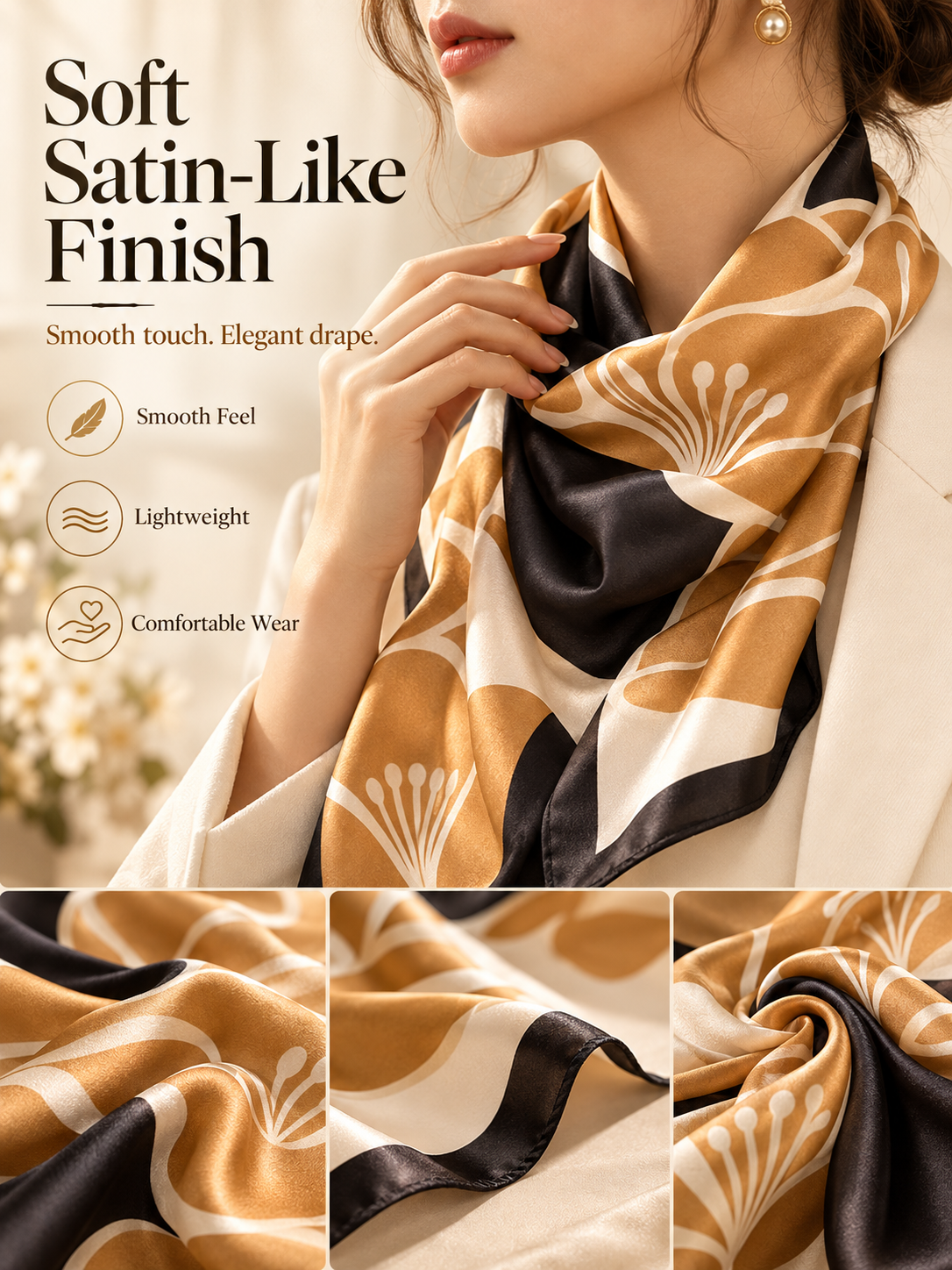 ✨ Satin Square Neck Scarf – Elegant Black & Champagne Fashion Accessory
