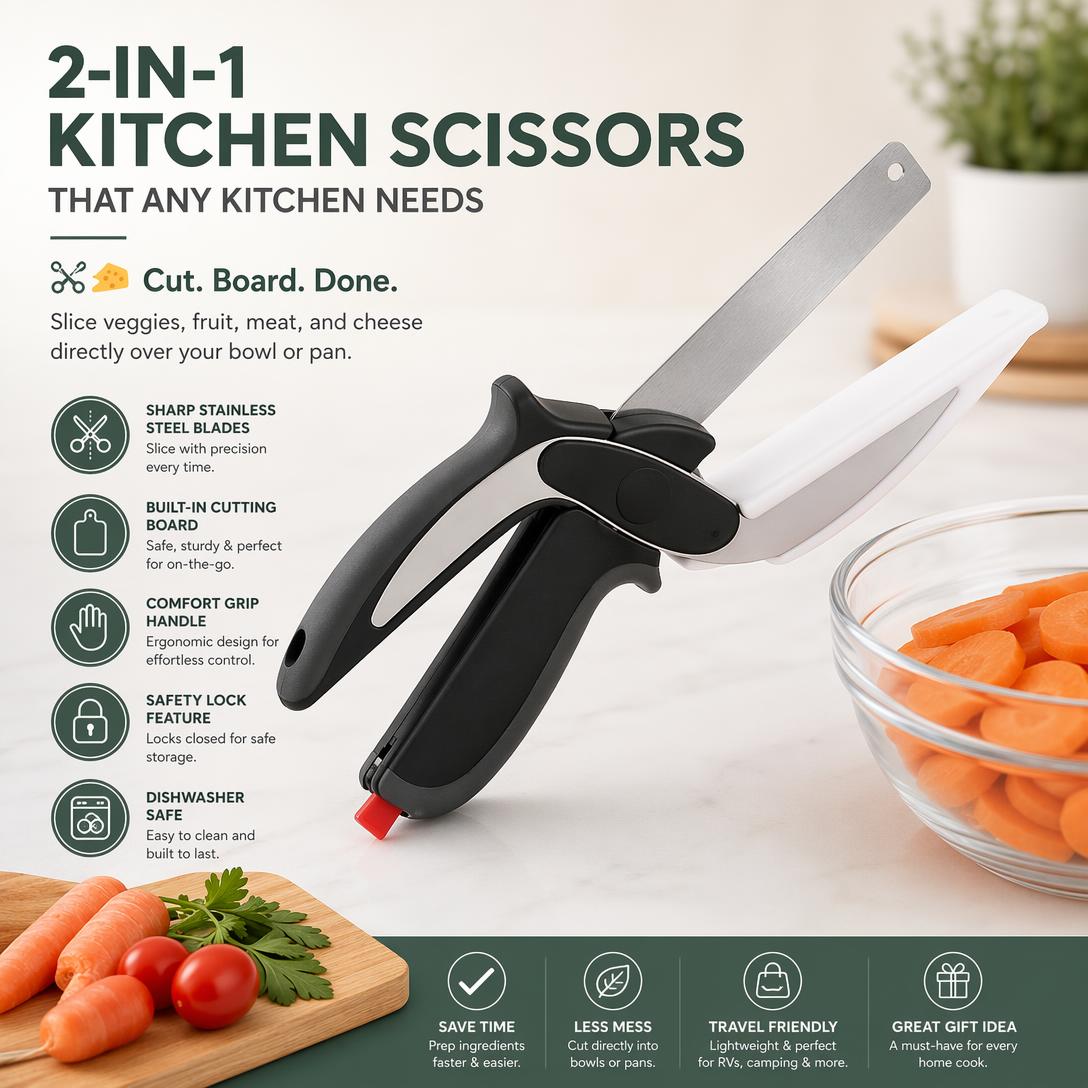 ✂️ 2 in 1 Kitchen Scissors for Food - Stainless Steel Cutting Board Scissors with Safety Lock