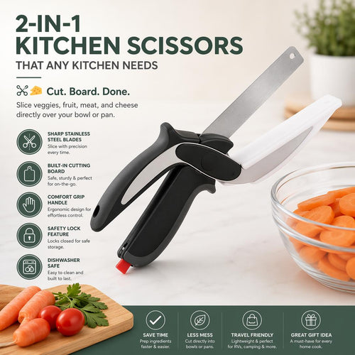 ✂️ 2 in 1 Kitchen Scissors for Food - Stainless Steel Cutting Board Scissors with Safety Lock