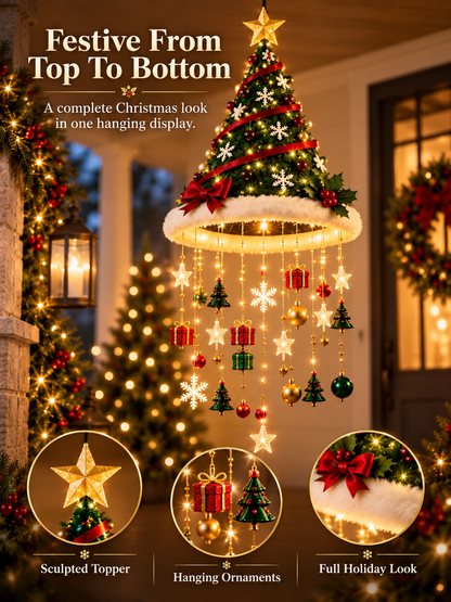 🎄 Lighted Christmas Hanging Chandelier – Tree & Santa Hat Holiday Décor