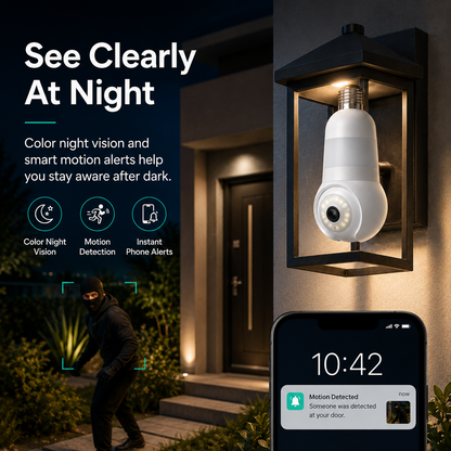 🚨 2K Light Bulb Security Camera – Wireless 360° Home Surveillance System with Night Vision & Two-Way Audio