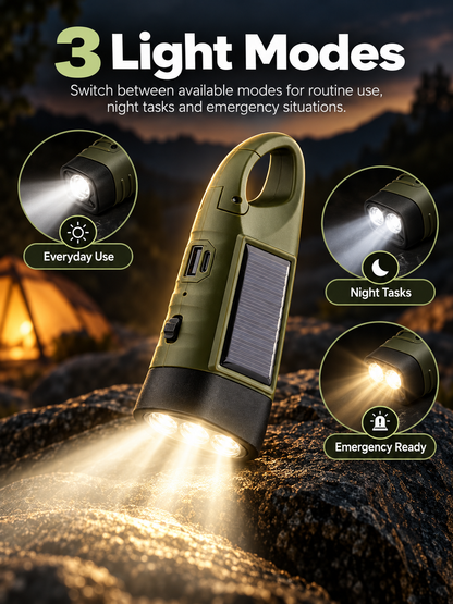 🔦 5-in-1 Emergency Hand-Crank Flashlight – Solar & Dynamo Rechargeable Outdoor Light