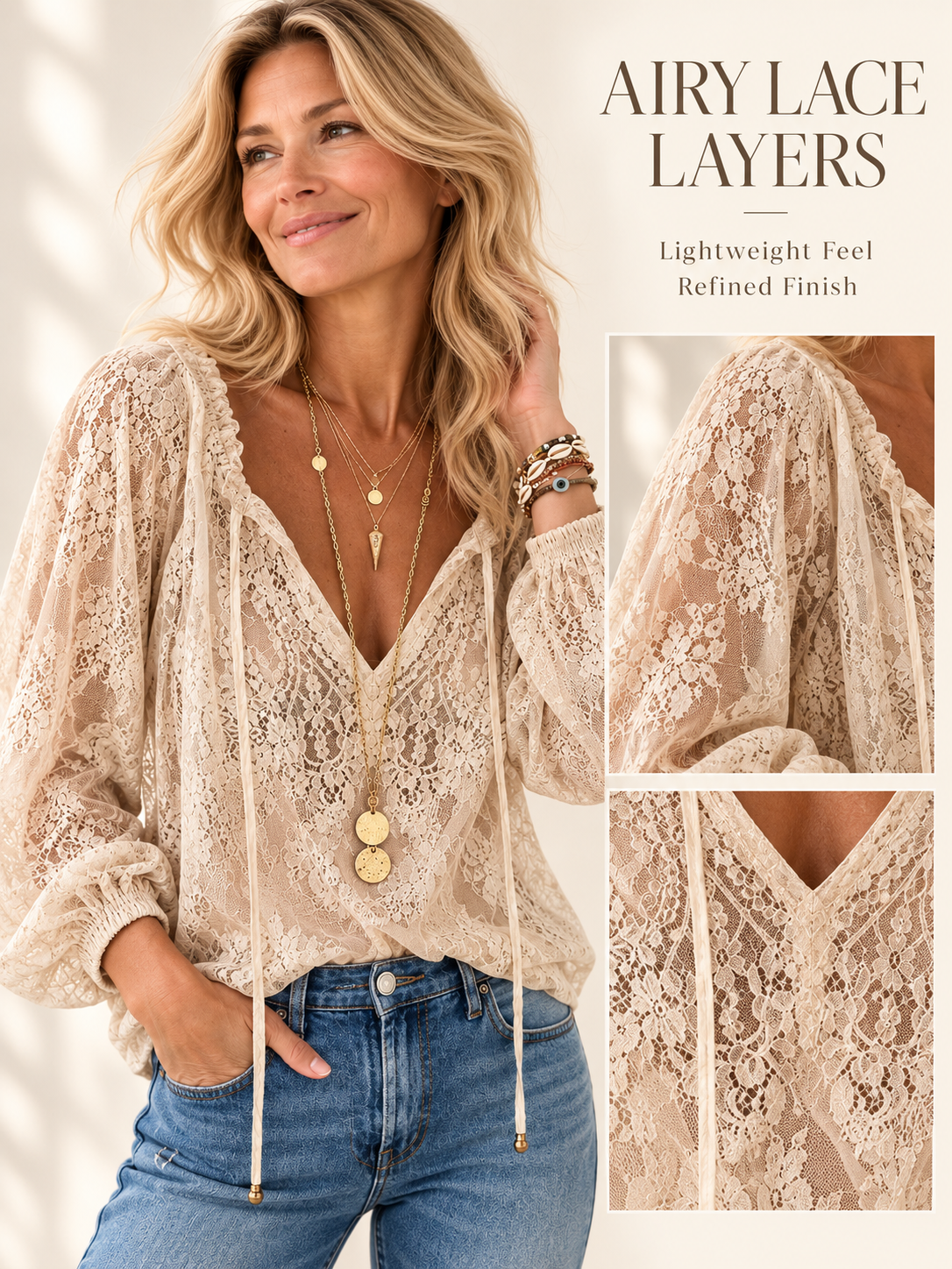 🌷Elegant Lace Drawstring Blouse – Feminine V-Neck & Relaxed Fit