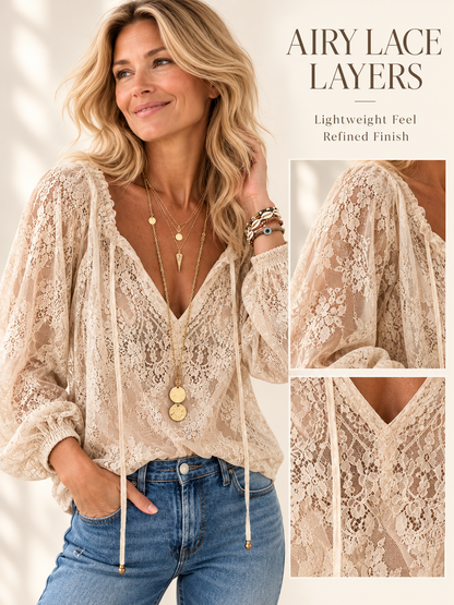 🌷Elegant Lace Drawstring Blouse – Feminine V-Neck & Relaxed Fit