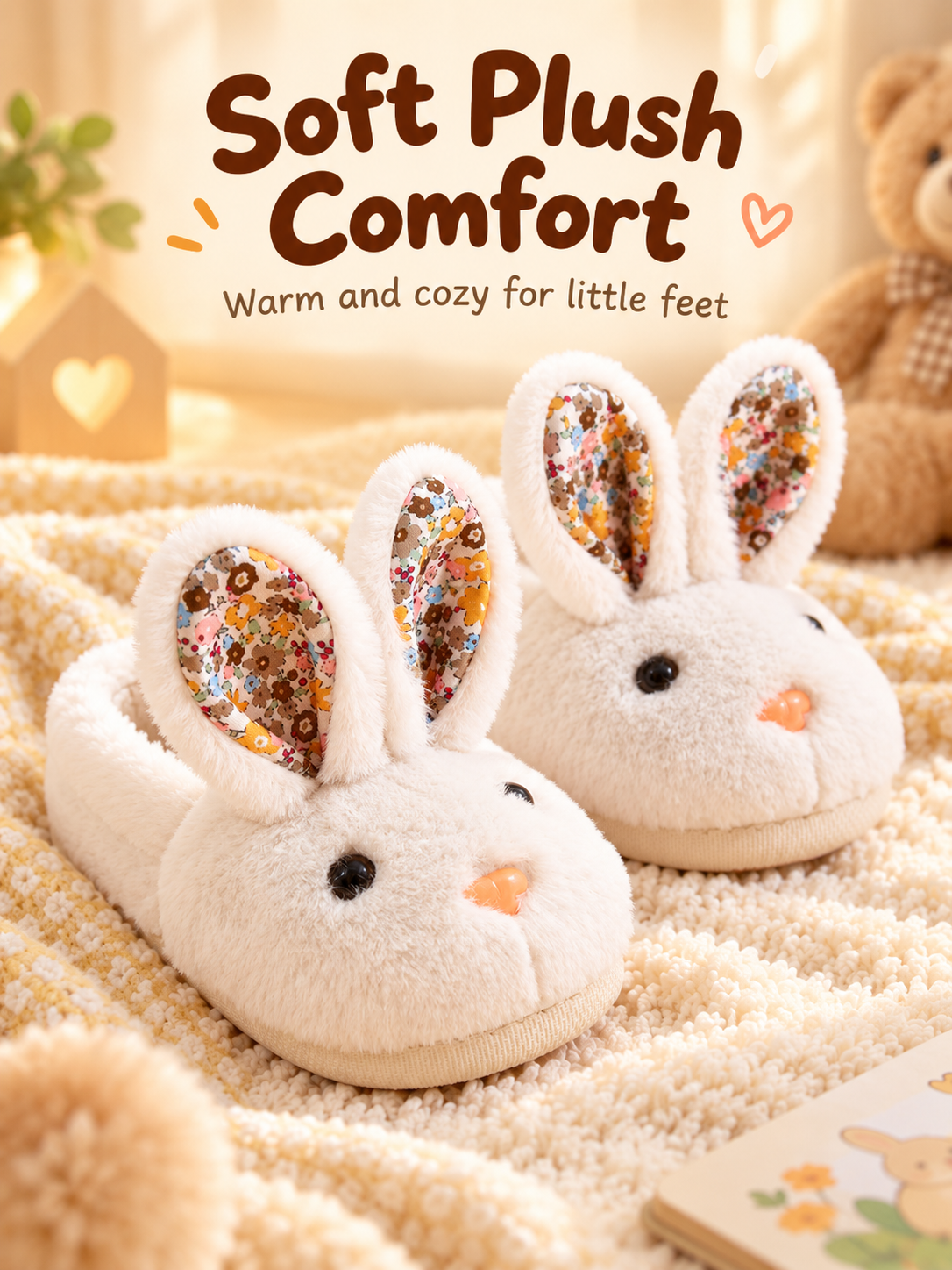 🐰 Cozy 3D Bunny Plush Slippers for Kids – Soft Warm Indoor House Shoes