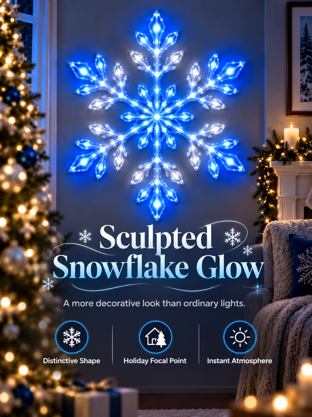 ❄️ Remote-Controlled Snowflake Wall Light Set – Blue & White Christmas Décor