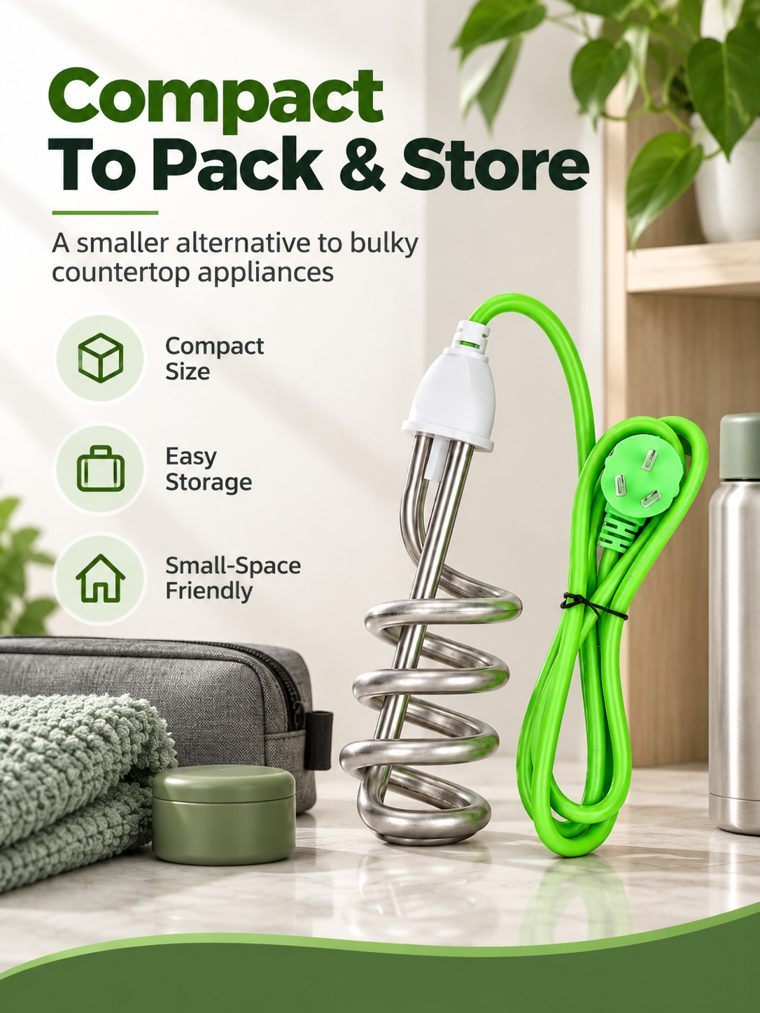 🔌 Portable Immersion Water Heater – Compact Plug-In Design for Small Spaces