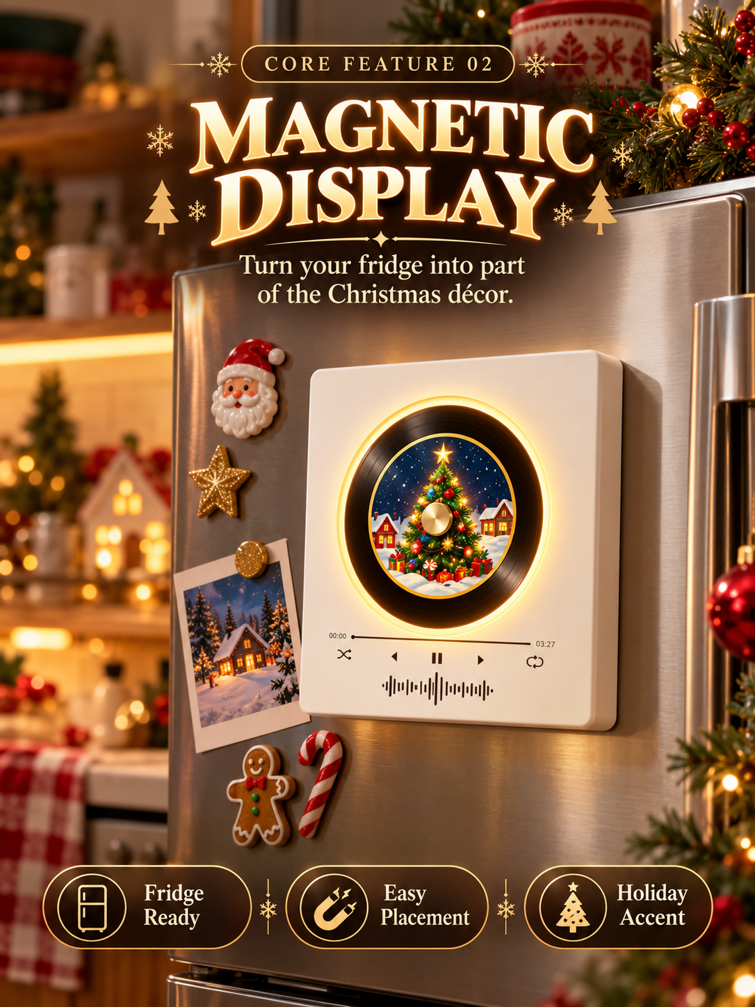 🎄 Christmas Mini Vinyl Music Player – Magnetic Fridge Frame with 9 Records