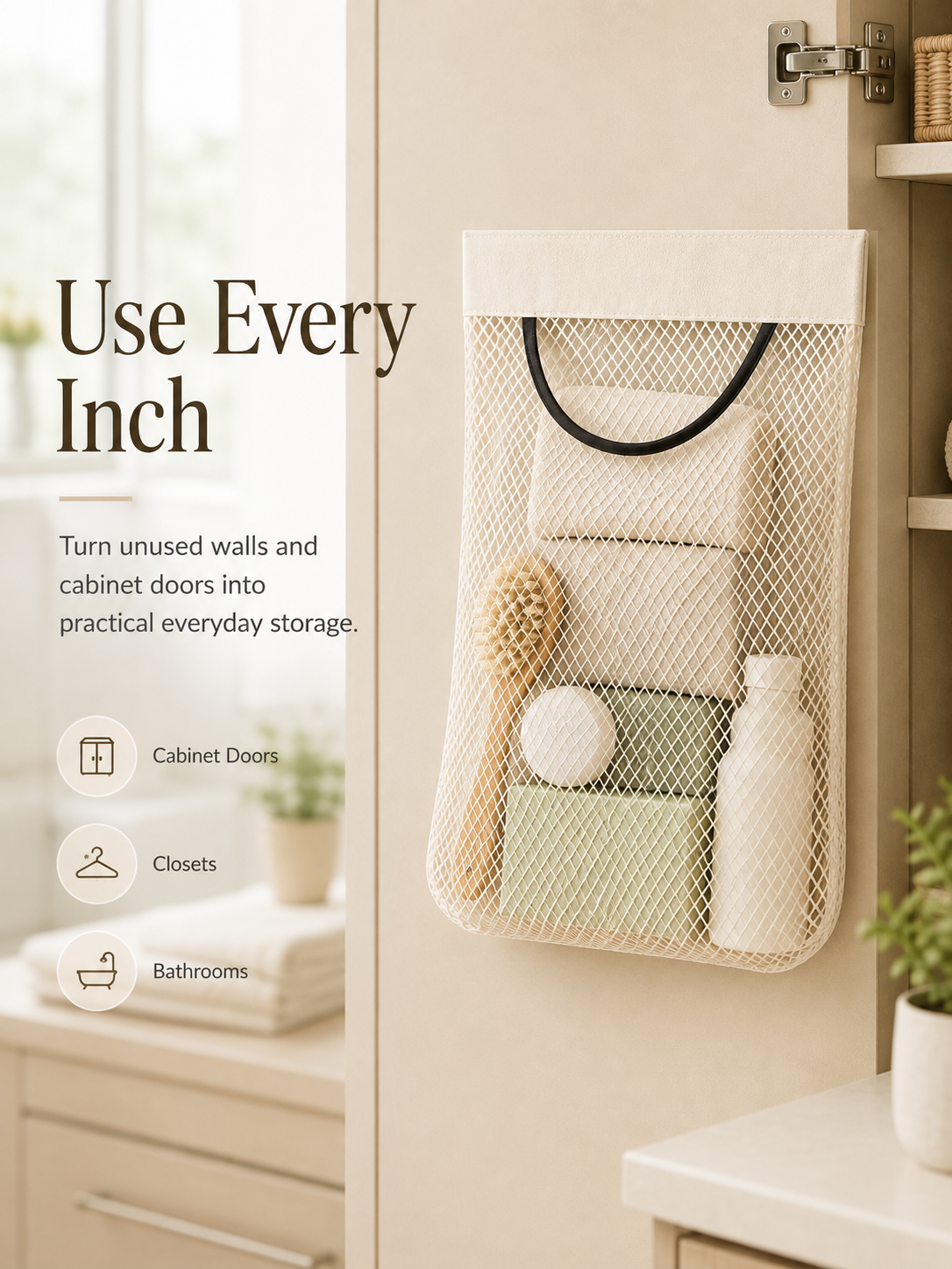 🧺 No-Drill Hanging Mesh Organizer – Self-Adhesive Space-Saving Storage Pouch