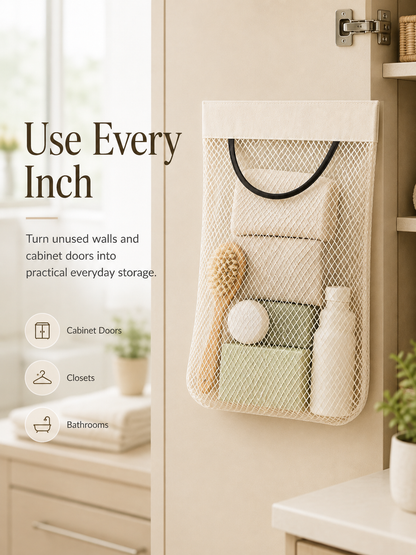 🧺 No-Drill Hanging Mesh Organizer – Self-Adhesive Space-Saving Storage Pouch