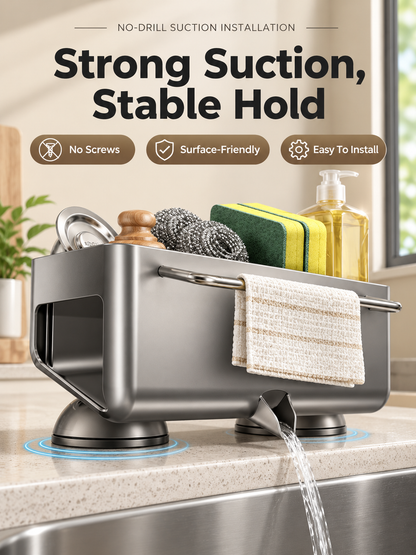 🧽 Auto-Draining Sink Sponge Holder – No-Drill Suction Cup Kitchen Organizer