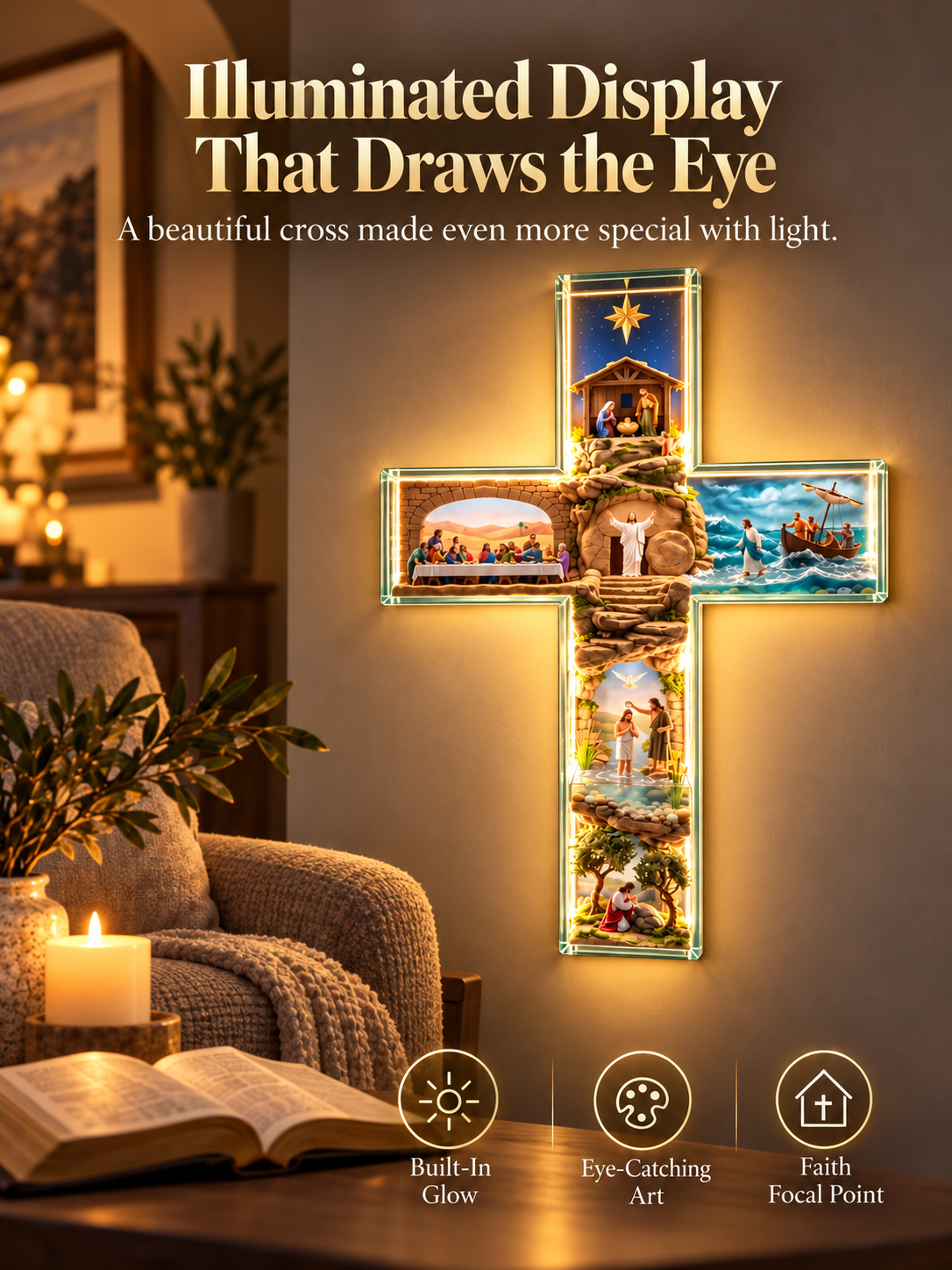 ✝️ Illuminated Jesus Cross Wall Decor – Lighted Christian Faith Art & Meaningful Religious Gift