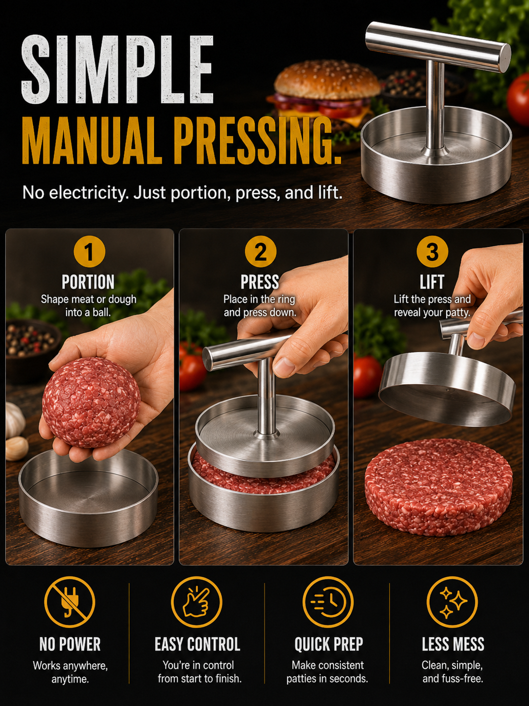 🍔 BBQ FAVORITE | Manual Burger Patty Press – Uniform Round Patties for Grilling, Meal Prep & Home Cooking