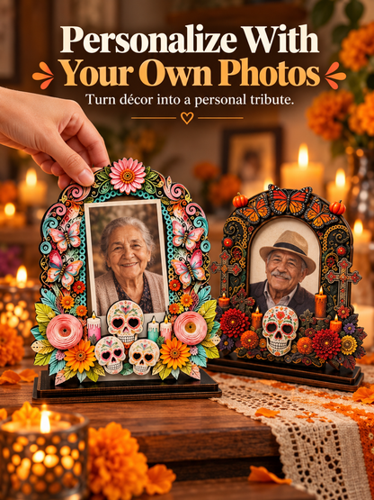 💀 Day of the Dead Wooden Photo Frame – Colorful Memorial Tabletop Décor