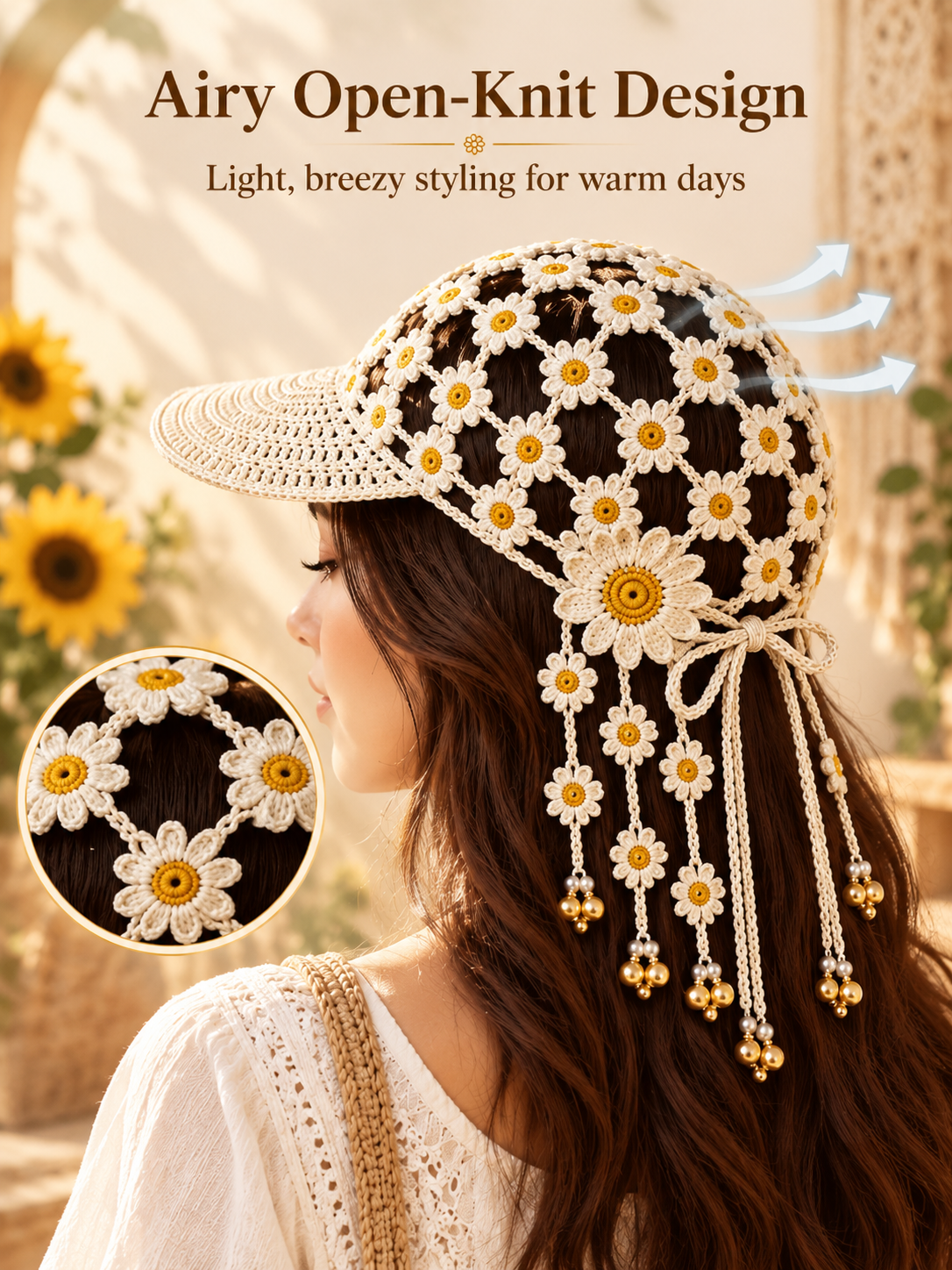 🌻 Handmade-Style Crochet Sunflower Boho Cap – Open-Knit Floral Tassel Baseball Hat