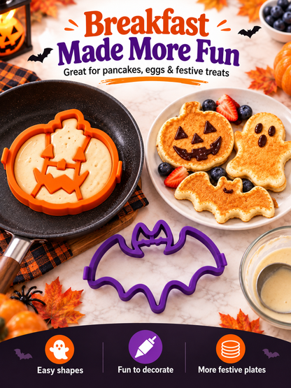 🎃 4-Piece Halloween Pancake Mold Set – Ghost, Pumpkin, Bat & Skull Silicone Shapers