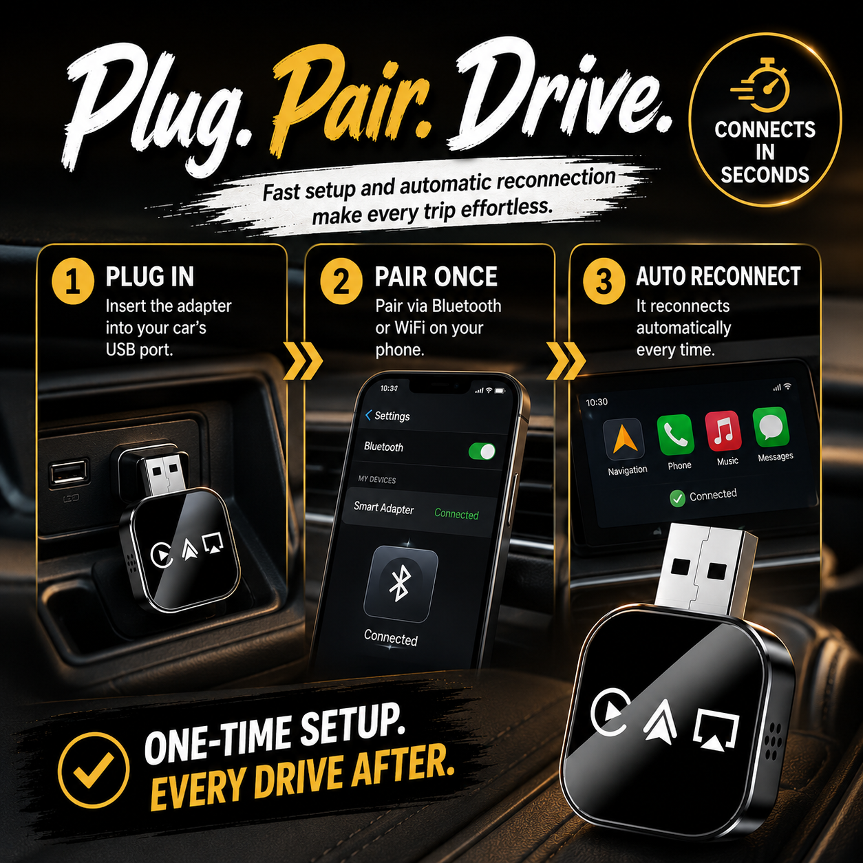 🔥2026 Upgraded 3-in-1 Wireless CarPlay Adapter | Plug & Play Mini AirPlay Mirror Link