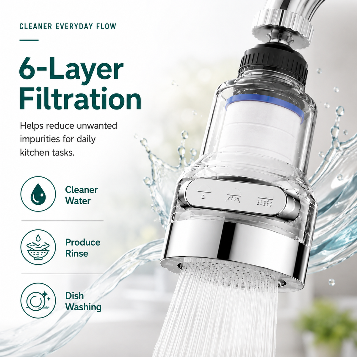 🚰360° Rotating Faucet Filter Attachment — 6-Layer Purification & 3 Water Flow Modes