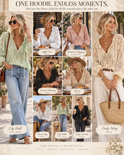 🌷Elegant Lace Drawstring Blouse – Feminine V-Neck & Relaxed Fit
